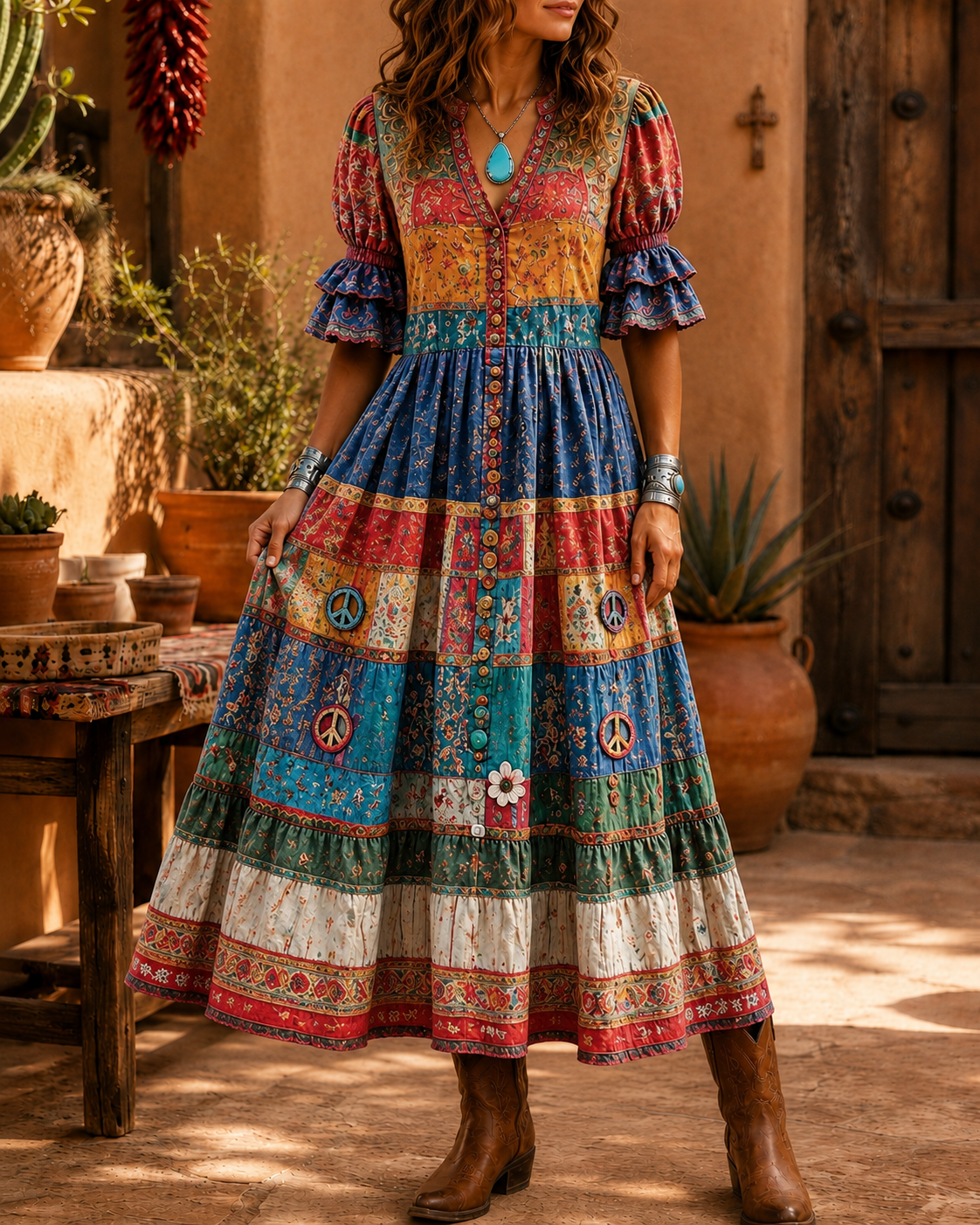 Women's Retro Art Print Washed Cotton Lace Patchwork Midi Dress